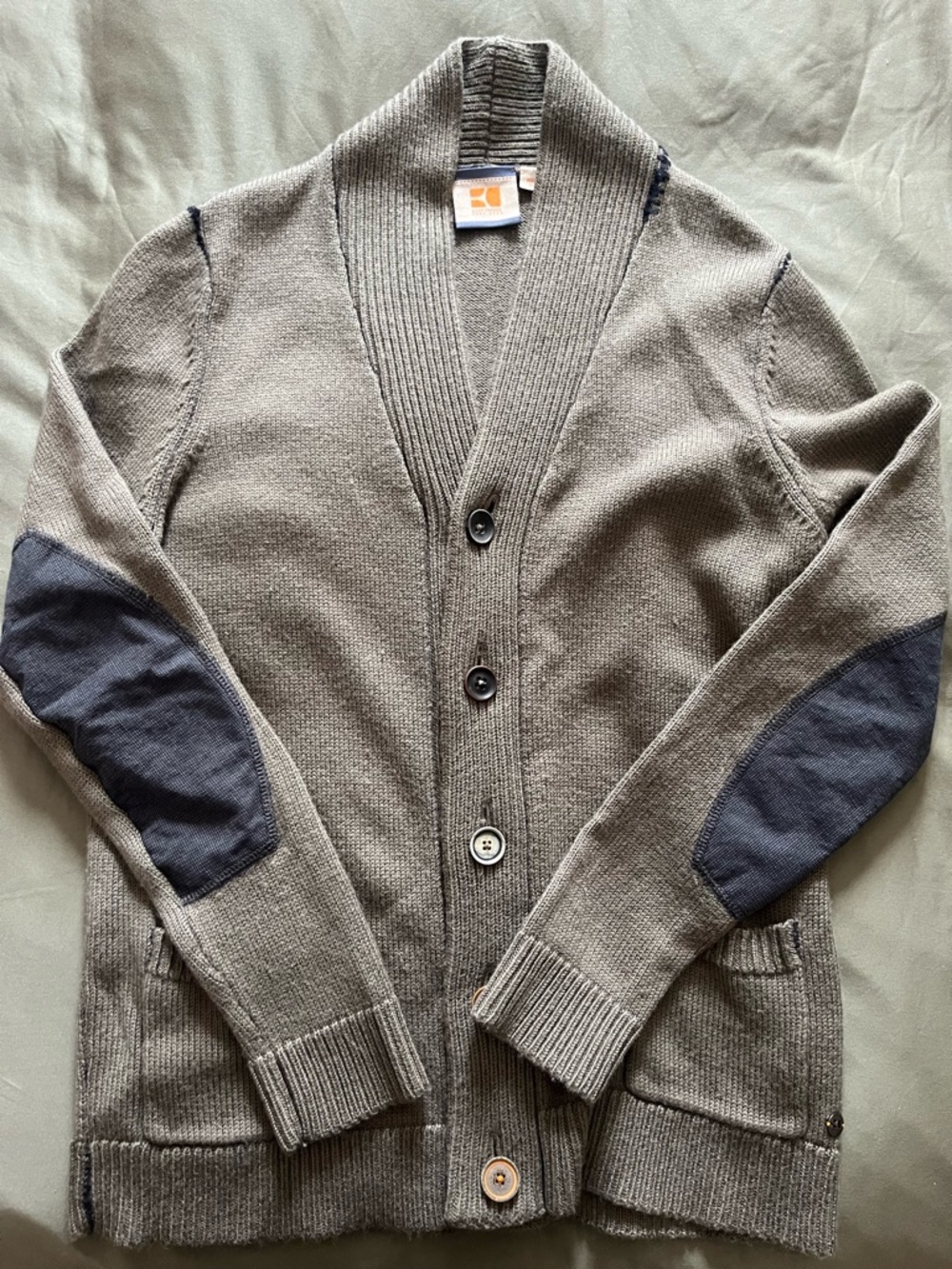Hugo boss orange Men's Shawl Collar Button Cardigan in Taupe with Elbow Patches